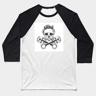 Biker Skull in Bandana and Two Motorcycle Pistons Baseball T-Shirt